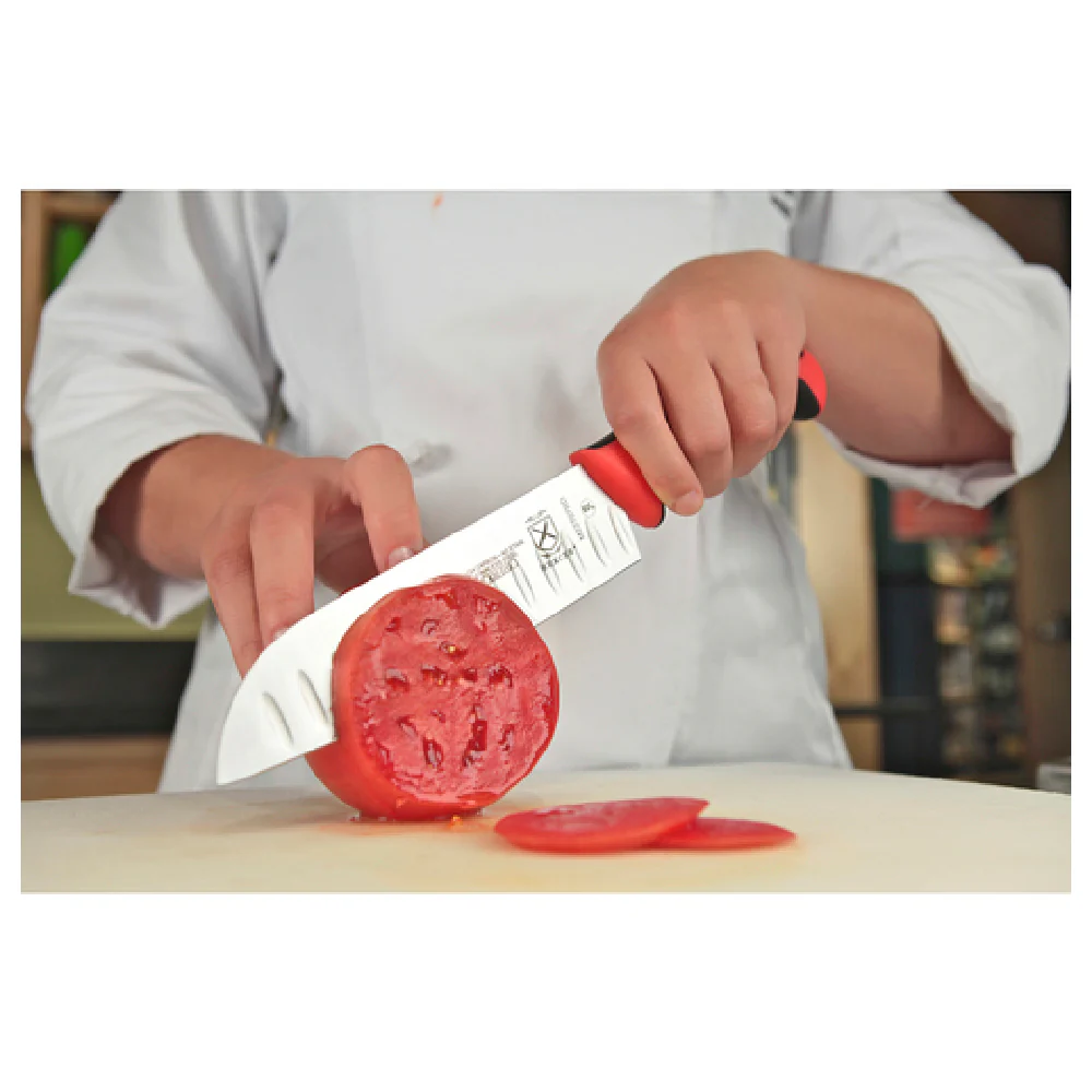 Mercer Culinary M22707RD 7 Inch Granton Edge Santoku Knife High Carbon Steel Red Handle Mercer Culinary M22707RD 7 Inch Granton Edge Santoku Knife High Carbon Steel Red Handle