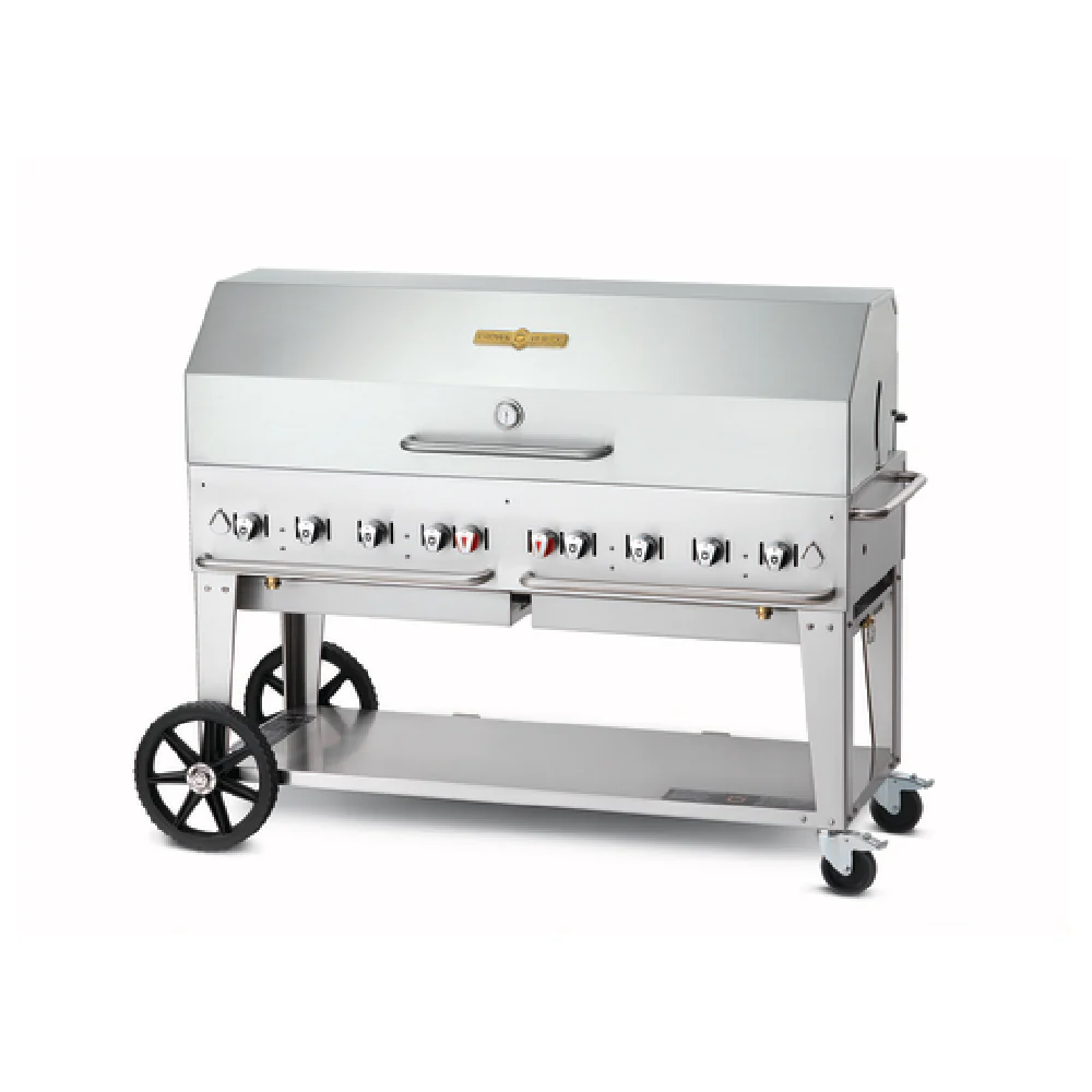 Crown Verity CV-MCB-60-SI50/100-1RDP 69 Inch Mobile Outdoor Gas Charbroiler 8 Burners with Water Pan