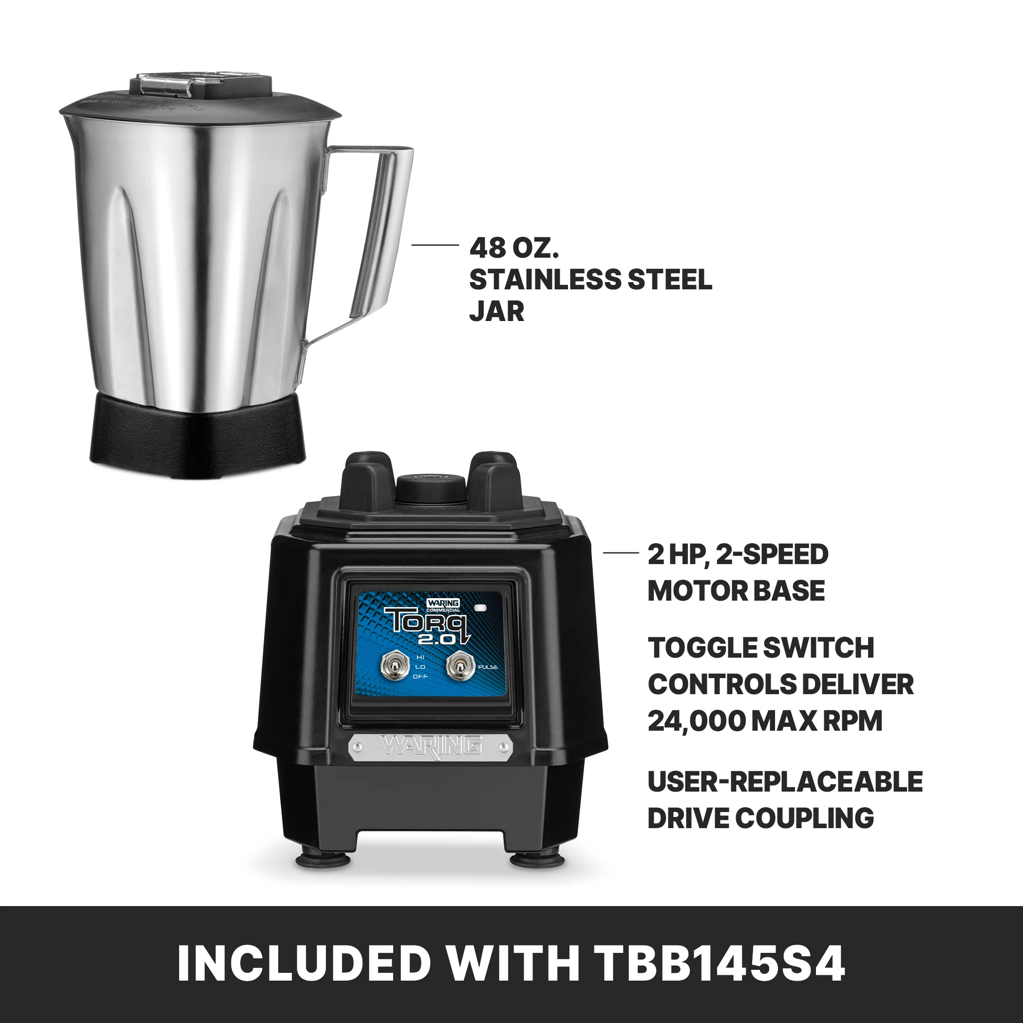 Waring Torq 2.0 TBB145S4 Blender with Toggle Switch and 48 oz. Stainless Steel Jar Waring Torq 2.0 TBB145S4 Blender with Toggle Switch and 48 oz. Stainless Steel Jar