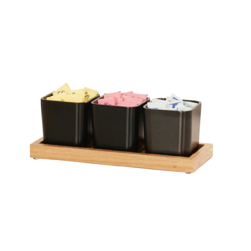 Cal Mil 23207-21 5 Inch Black Square Tray with Oak Accents Plastic