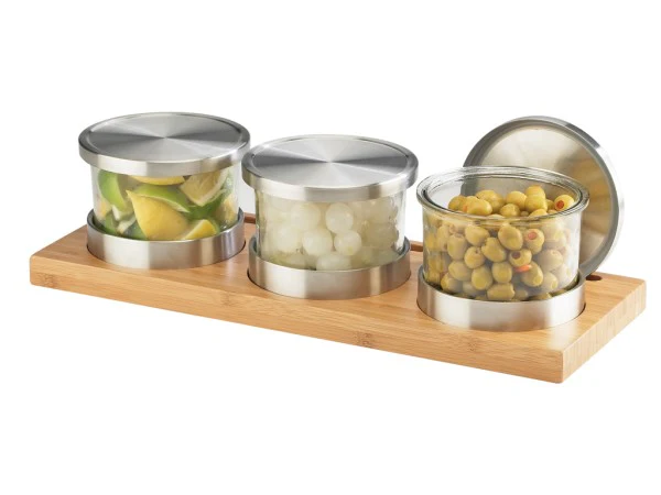 Cal Mil 1850-4-60 16 Inch Cold Condiment Display with Bamboo Base and Glass Jars