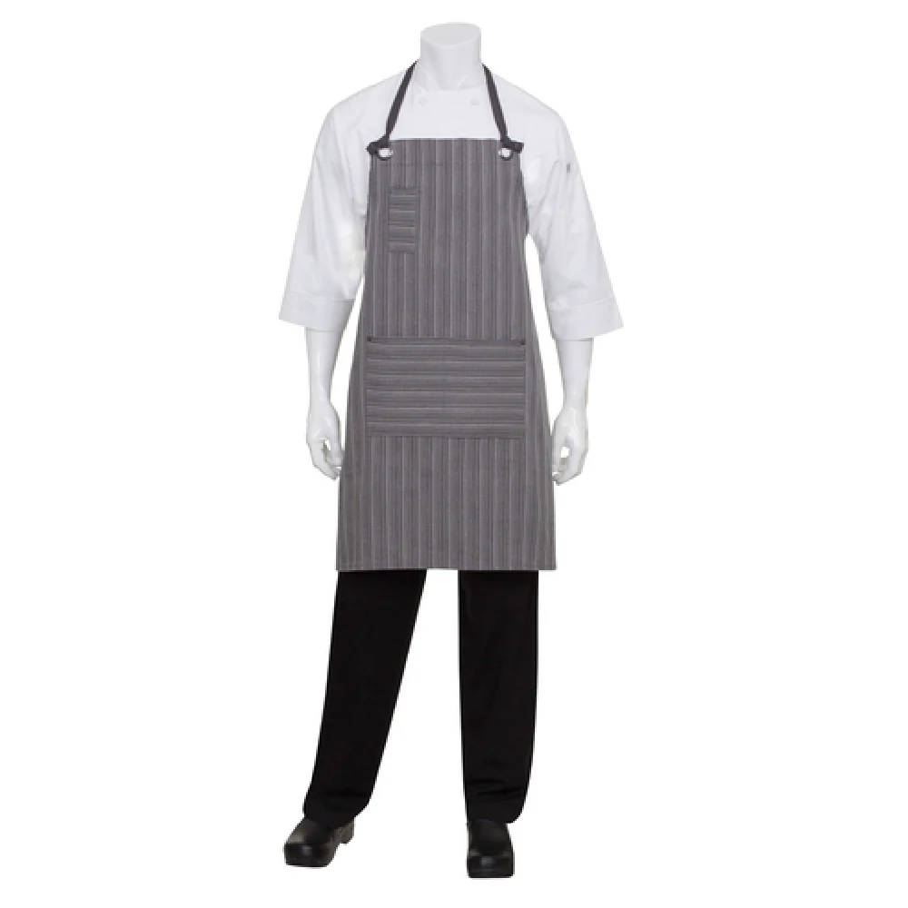 Chef Works AB028-DGY-0 30 Inch Bib Apron Contrast Ties Grommets Stripes Polycotton