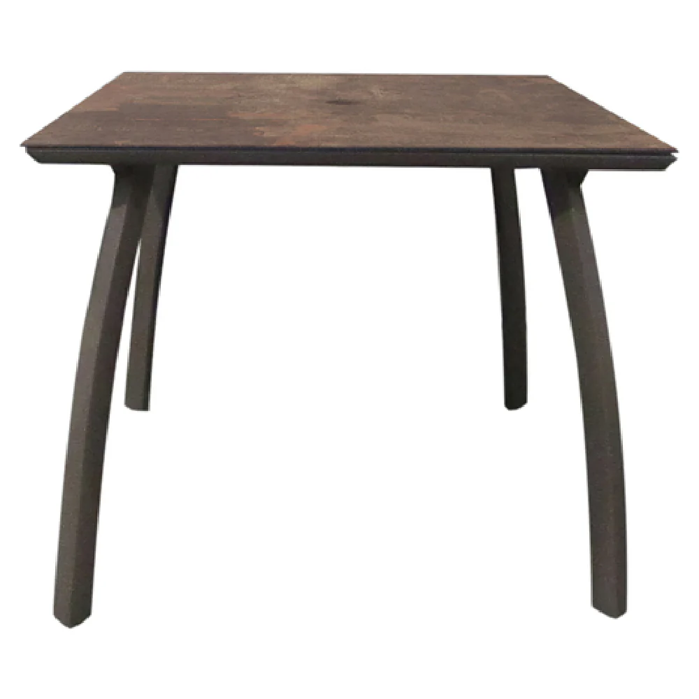 Grosfillex S6602599 36 Inch Square Outdoor Table High Pressure Laminate Top with Umbrella Hole Fusion Bronze Aluminum Base