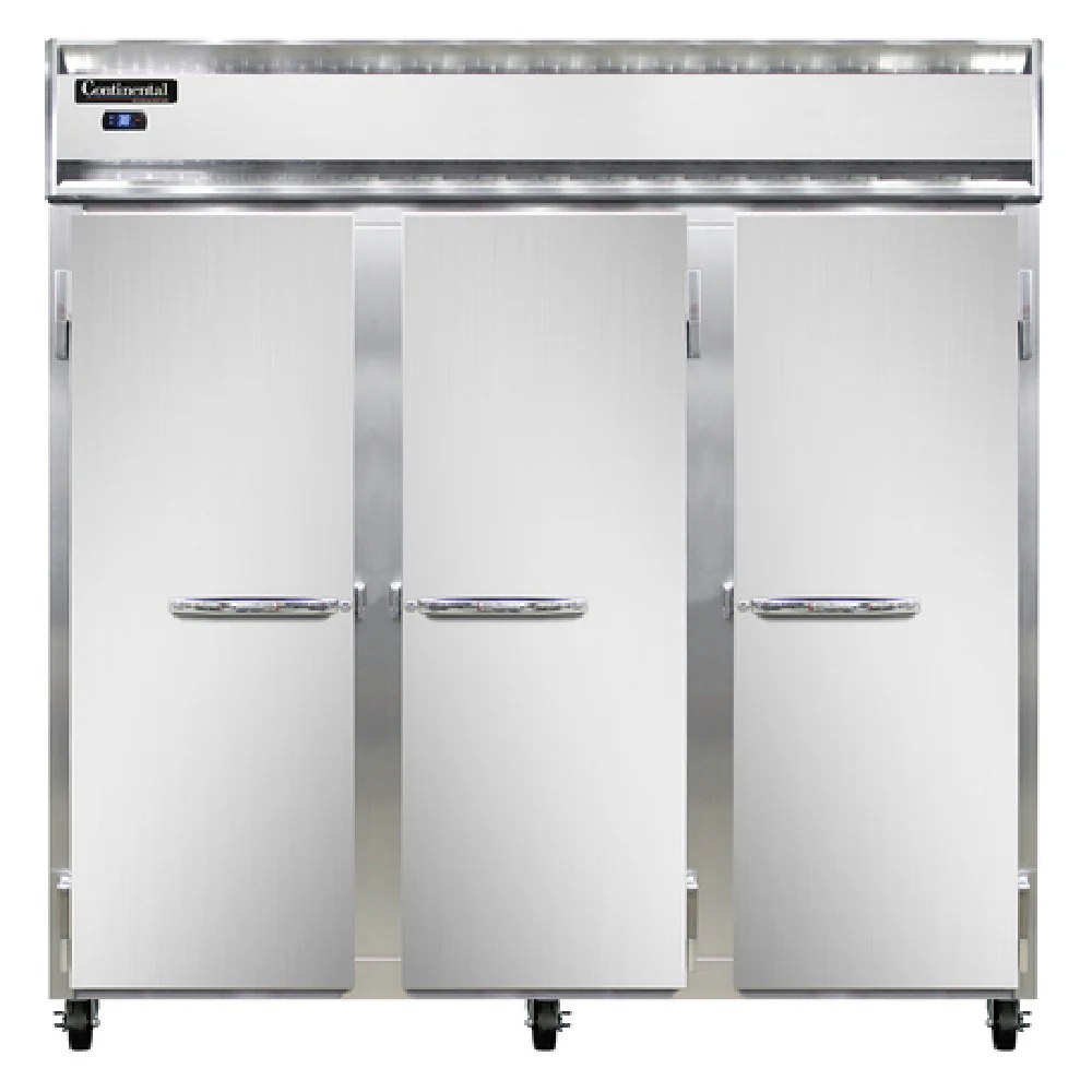 Continental Refrigerator 3RSN 78 Inch Reach-in Refrigerator Three-section Self-contained refrigeration Aluminum interior and Stainless Steel front