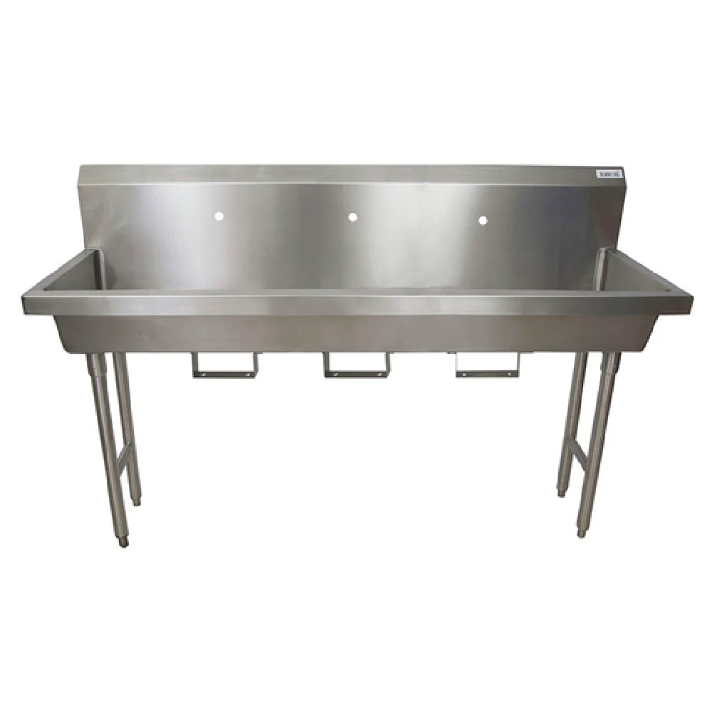 BK Resources MSHS-72F1B 72 Inch Freestanding Three Station Handwash Sink Stainless Steel with Knee Valve Bracket BK Resources MSHS-72F1B 72 Inch Freestanding Three Station Handwash Sink Stainless Steel with Knee Valve Bracket