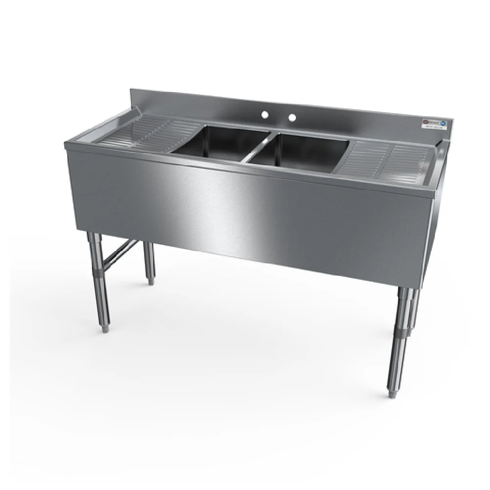 NBR Equipment UW-2-101410-48LR 48 Inch Slim-Line Underbar Sink Unit Two-compartment Stainless Steel with Drainboards NBR Equipment UW-2-101410-48LR 48 Inch Slim-Line Underbar Sink Unit Two-compartment Stainless Steel with Drainboards