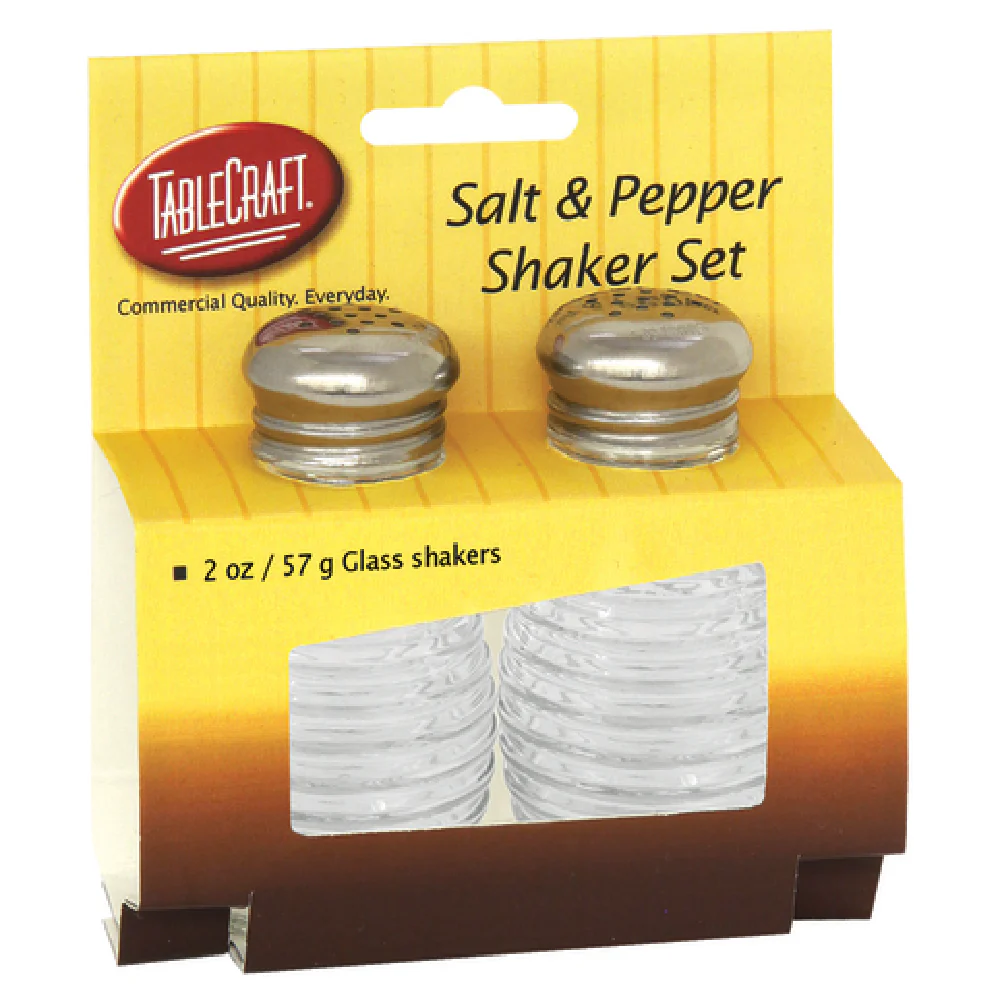 Tablecraft HBH2C 2 oz Glass Salt and Pepper Shakers Set with Stainless Steel Tops Tablecraft HBH2C 2 oz Glass Salt and Pepper Shakers Set with Stainless Steel Tops