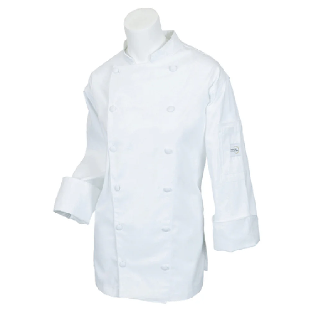 Mercer Culinary M62060WHL Large Women's Chef Coat with Utility Pocket and Ear Bud Opening White Poly/Cotton Twill