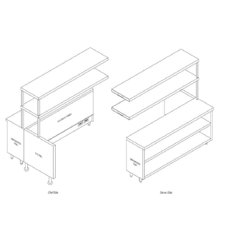 Randell RCC-62.5 62-1/2 Inch Modular Chef Service Counter Stainless Steel with Plate Storage Cabinet and Double Overshelf Randell RCC-62.5 62-1/2 Inch Modular Chef Service Counter Stainless Steel with Plate Storage Cabinet and Double Overshelf