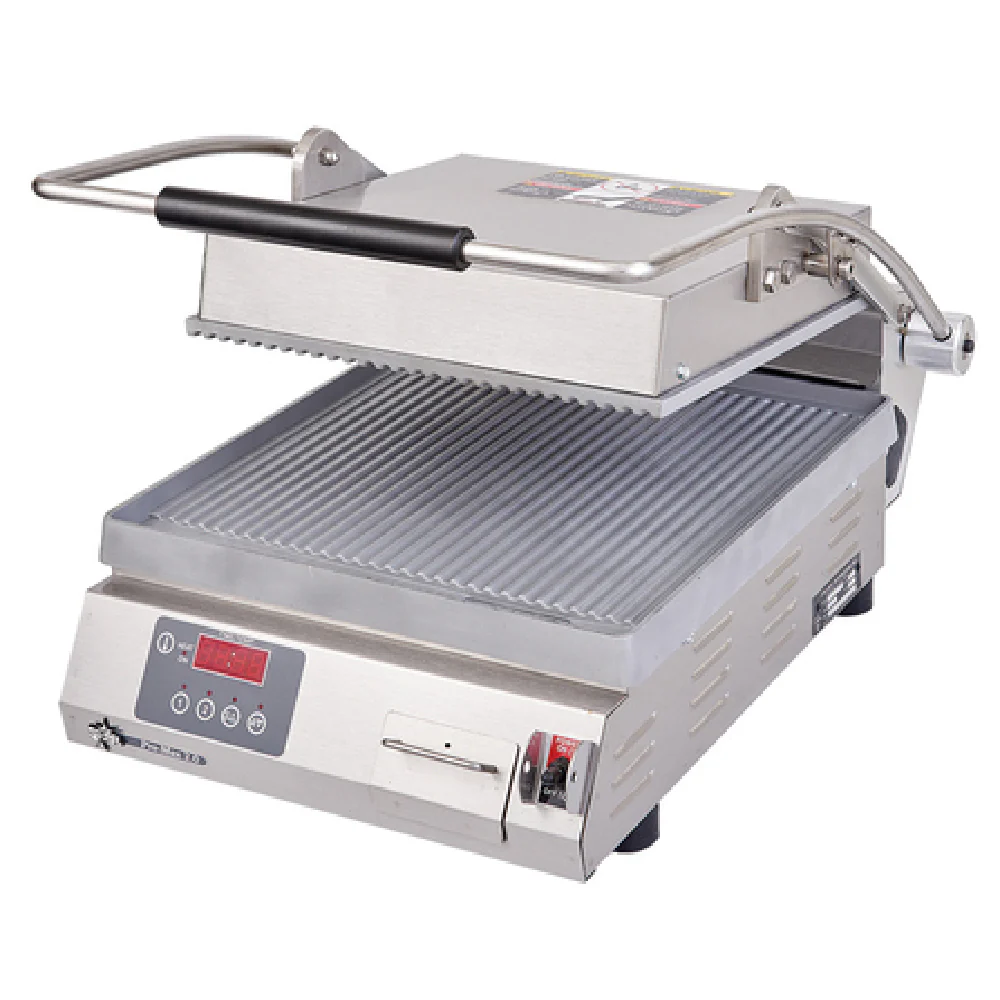 Star PGT14E_120/60/1 14 Inch Grooved Aluminum Sandwich Grill Stainless Steel with Removable Grease Drawer