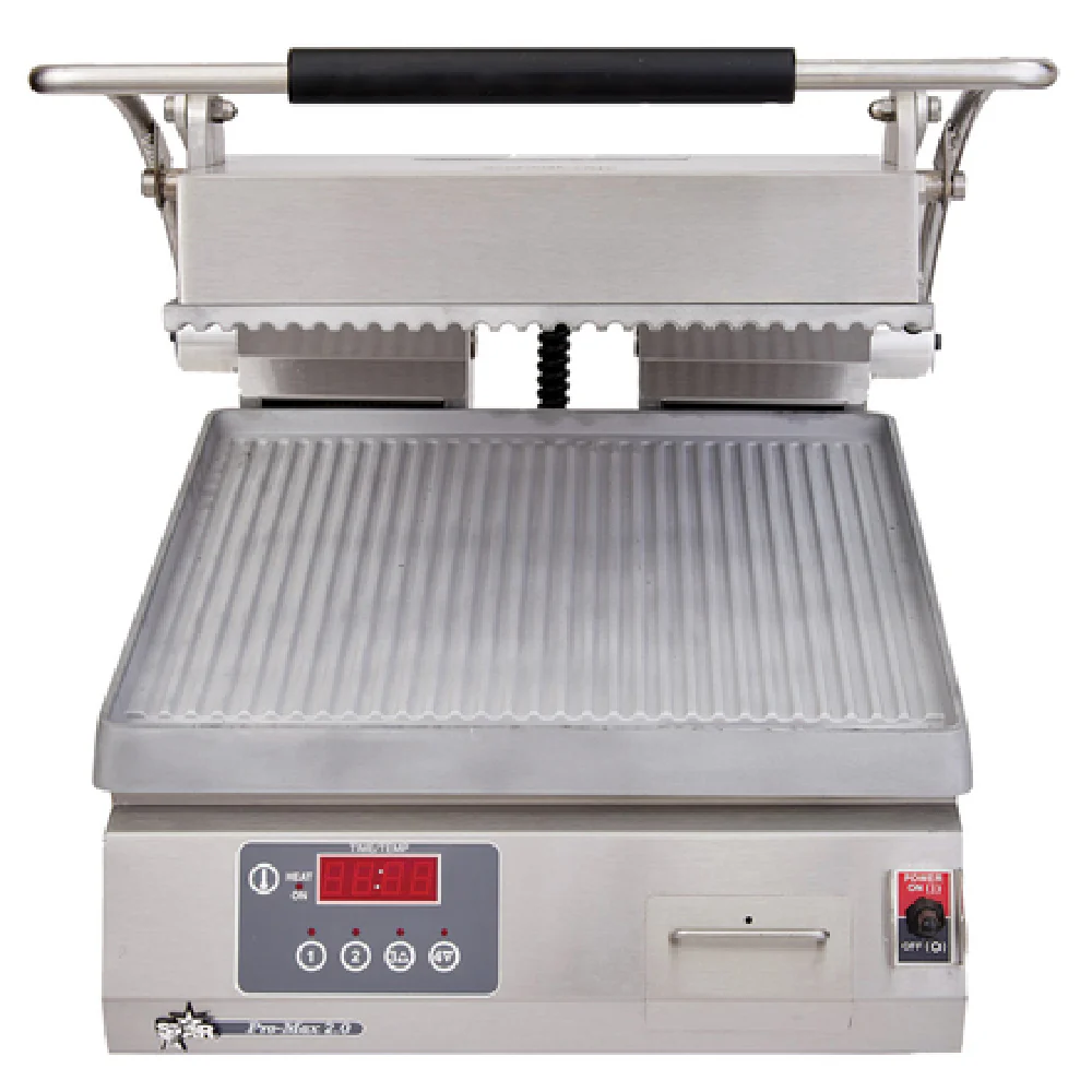 Star PGT14E_120/60/1 14 Inch Grooved Aluminum Sandwich Grill Stainless Steel with Removable Grease Drawer Star PGT14E_120/60/1 14 Inch Grooved Aluminum Sandwich Grill Stainless Steel with Removable Grease Drawer
