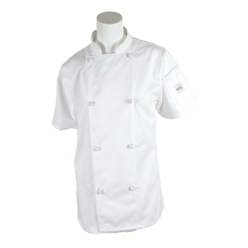 Mercer Culinary M61042WHXXS XXSmall Short Sleeve Women's Chef Jacket White Poly/Cotton with Cloth Knot Buttons Mercer Culinary M61042WHXXS XXSmall Short Sleeve Women's Chef Jacket White Poly/Cotton with Cloth Knot Buttons