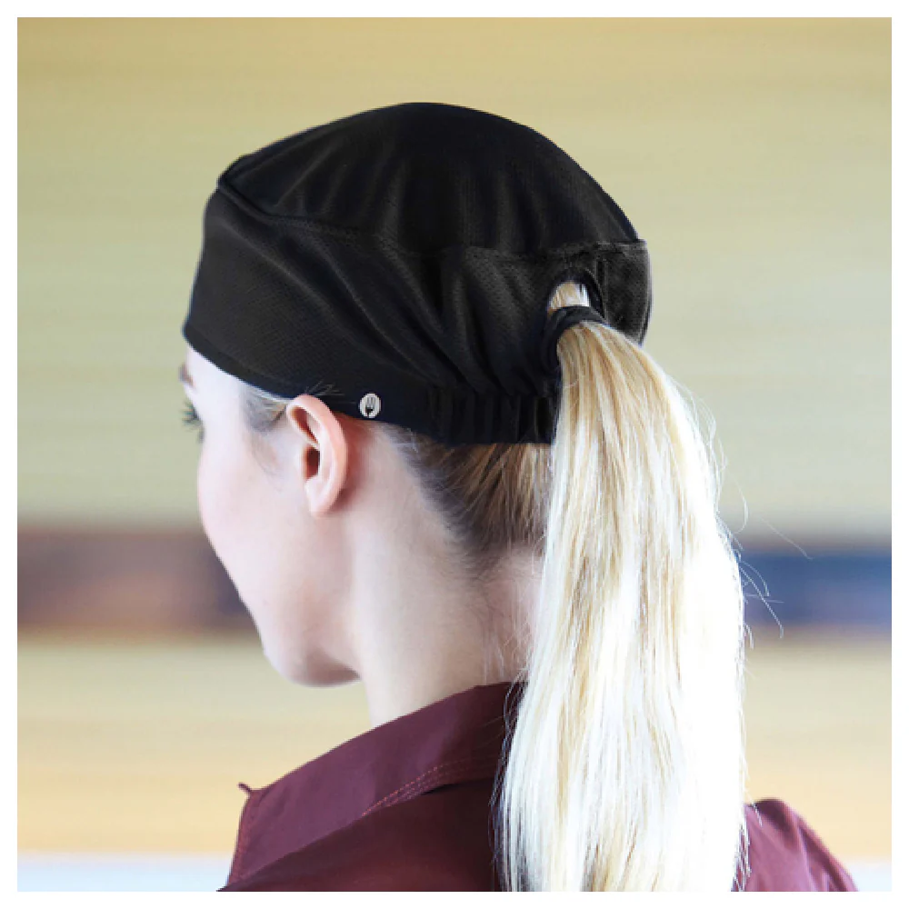 Chef Works DFAOW-BLK-0 Chef's Hat Women's Beanie Polyester Cool Vent Black with Ponytail Opening
