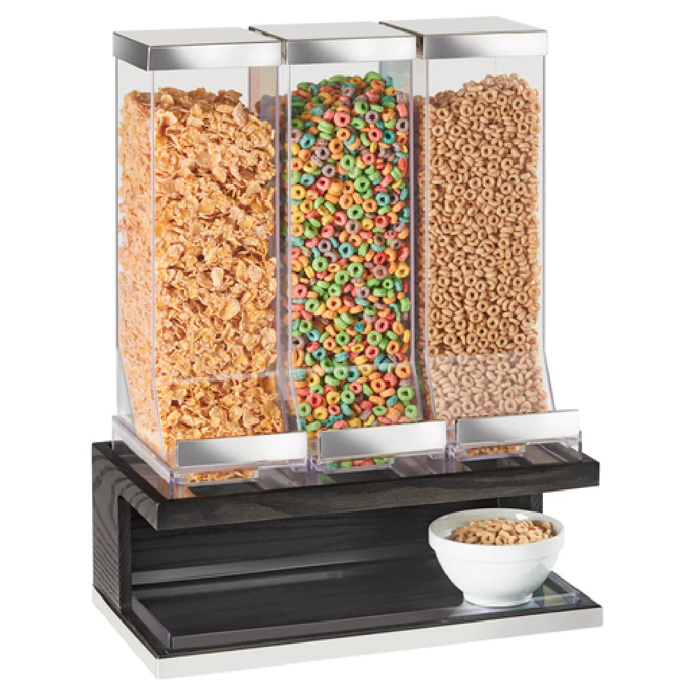 Cal Mil 3823-87 17 Inch Cinderwood Cereal Dispenser Countertop 3 Bins Polished Metal Oak Wood