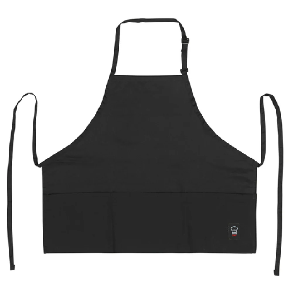 Winco BA-2724K 24 Inch Length Bib Apron with 3 Pockets Adjustable Neck Strap Black Poly-cotton