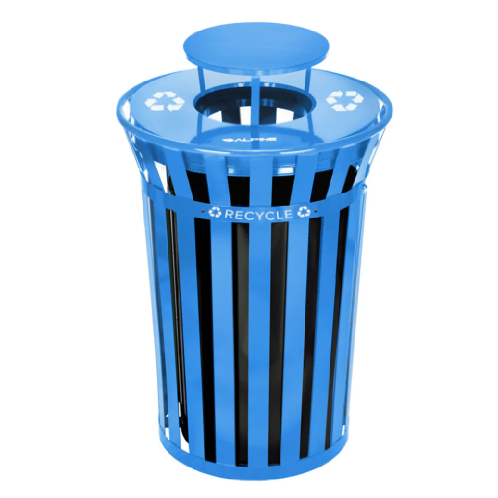 Alpine Industries ALP479-38-1-BLU 27 Inch Outdoor Trash Receptacle with Rain Bonnet Lid Blue Metal