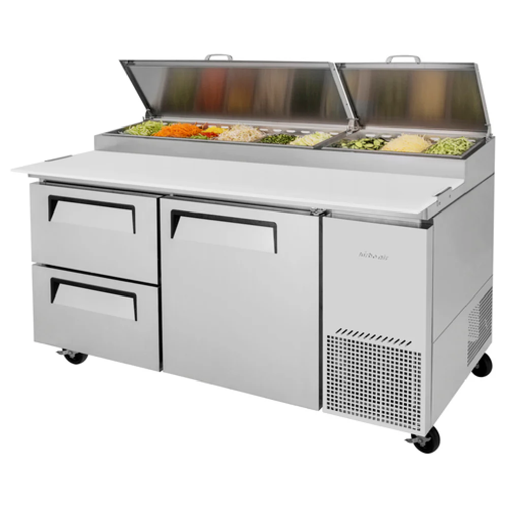 Turbo Air TPR-67SD-D2-N 67 Inch Super Deluxe Pizza Prep Table 20.0 Cu Ft with Condiment Pans and Cutting Board 2 Section