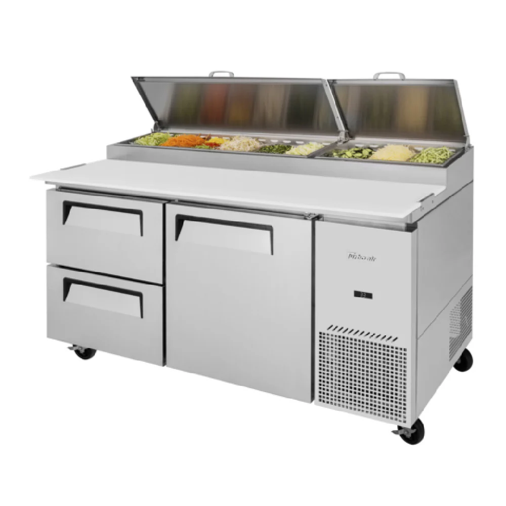 Turbo Air TPR-67SD-D2-N 67 Inch Super Deluxe Pizza Prep Table 20.0 Cu Ft with Condiment Pans and Cutting Board 2 Section Turbo Air TPR-67SD-D2-N 67 Inch Super Deluxe Pizza Prep Table 20.0 Cu Ft with Condiment Pans and Cutting Board 2 Section