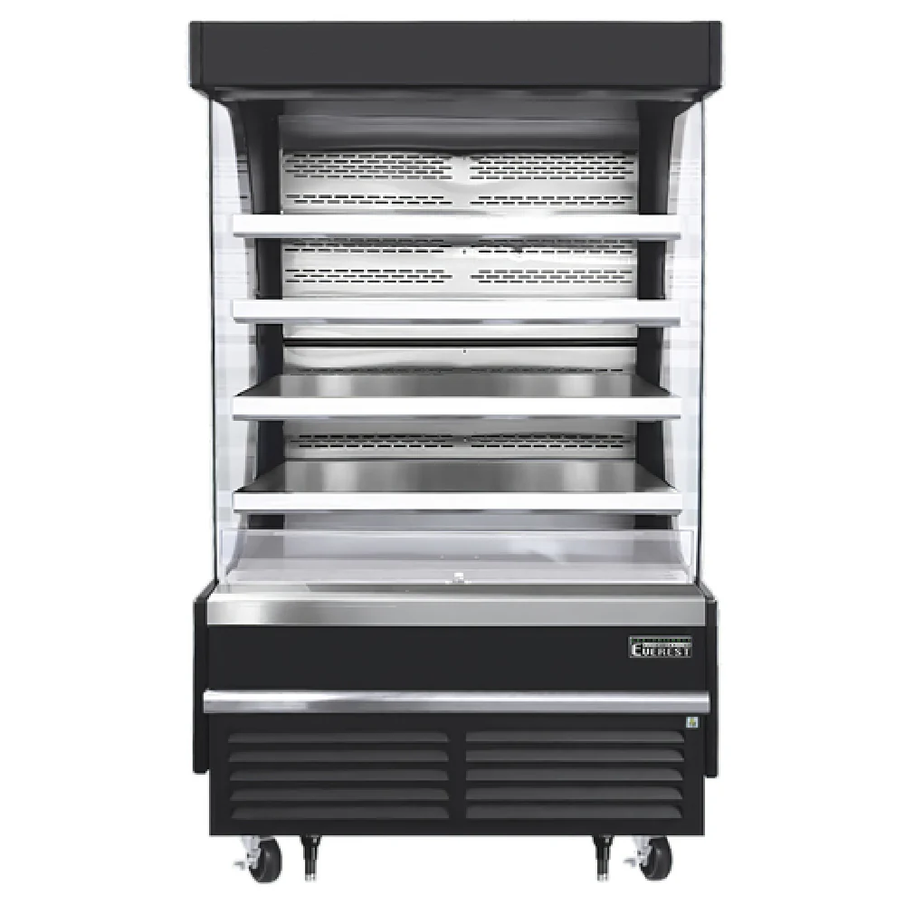 Everest Refrigeration EOMV-48-B-28-T 48 Inch Open Display Merchandiser 16.8 cu ft Stainless Steel Black with Night Curtain Everest Refrigeration EOMV-48-B-28-T 48 Inch Open Display Merchandiser 16.8 cu ft Stainless Steel Black with Night Curtain