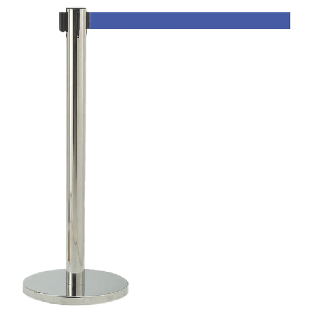 Aarco HC-7BL 14 Inch Crowd Control Stanchion Retractable Blue Belt Steel Base Polished Chrome Finish with Protective Rubber Floor Guards
