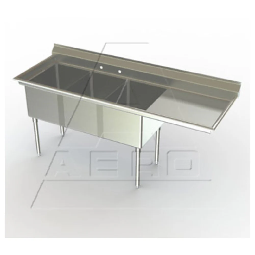 AERO Manufacturing MF3-2418-30R 88-1/4 Inch Economy Sink Stainless Steel Three Compartment with Right Drainboard AERO Manufacturing MF3-2418-30R 88-1/4 Inch Economy Sink Stainless Steel Three Compartment with Right Drainboard