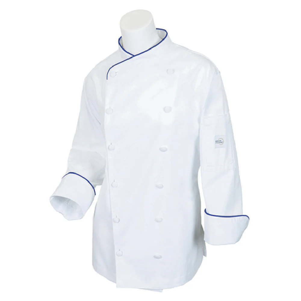 Mercer Culinary M62050WRBS Small Women's Chef's Coat Poly/Cotton Twill White with Royal Blue Piping