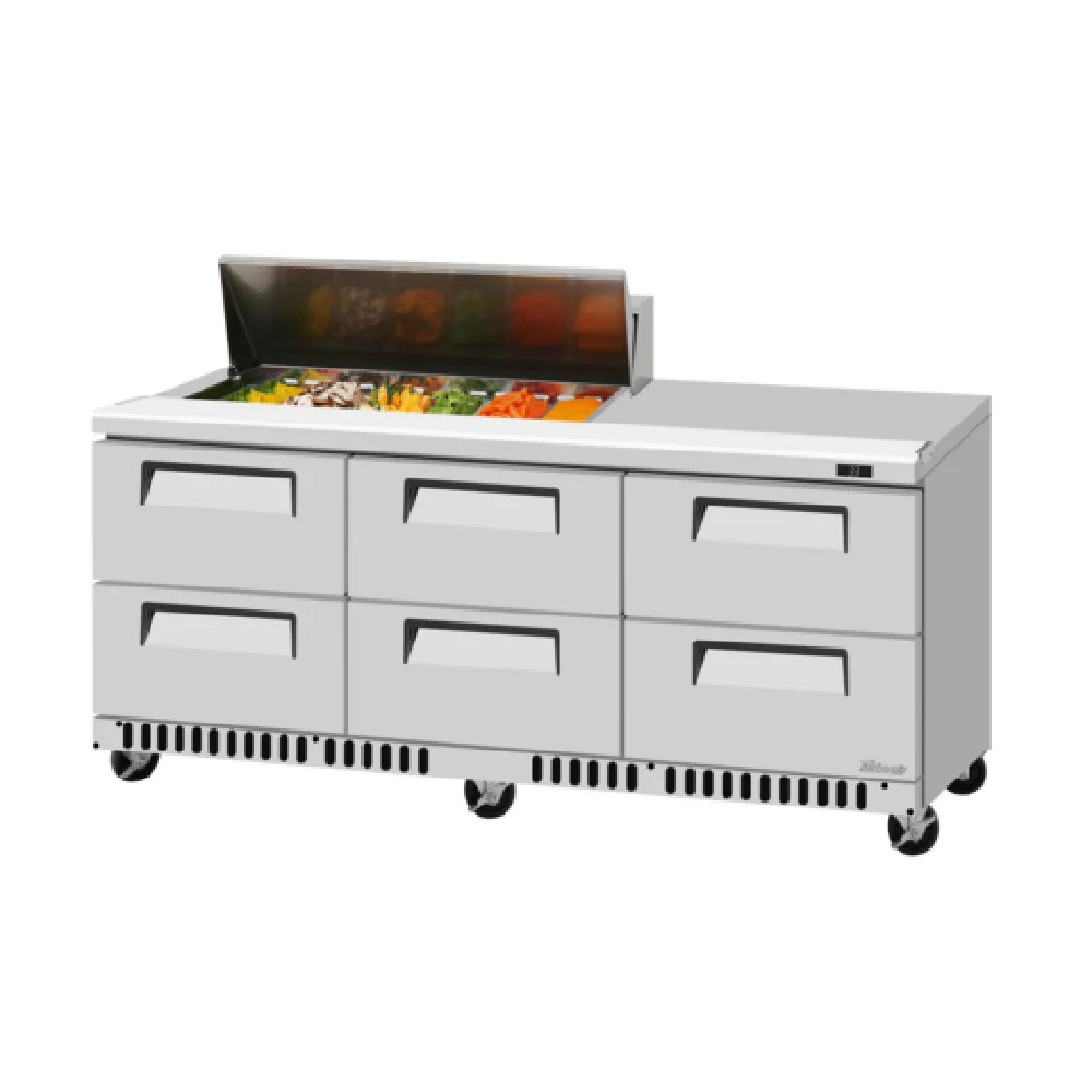 Turbo Air TST-72SD-12S-D6-FB-N(-LW) 72 Inch Super Deluxe Refrigerated Counter 20.5 cu ft with 12 Pans Turbo Air TST-72SD-12S-D6-FB-N(-LW) 72 Inch Super Deluxe Refrigerated Counter 20.5 cu ft with 12 Pans