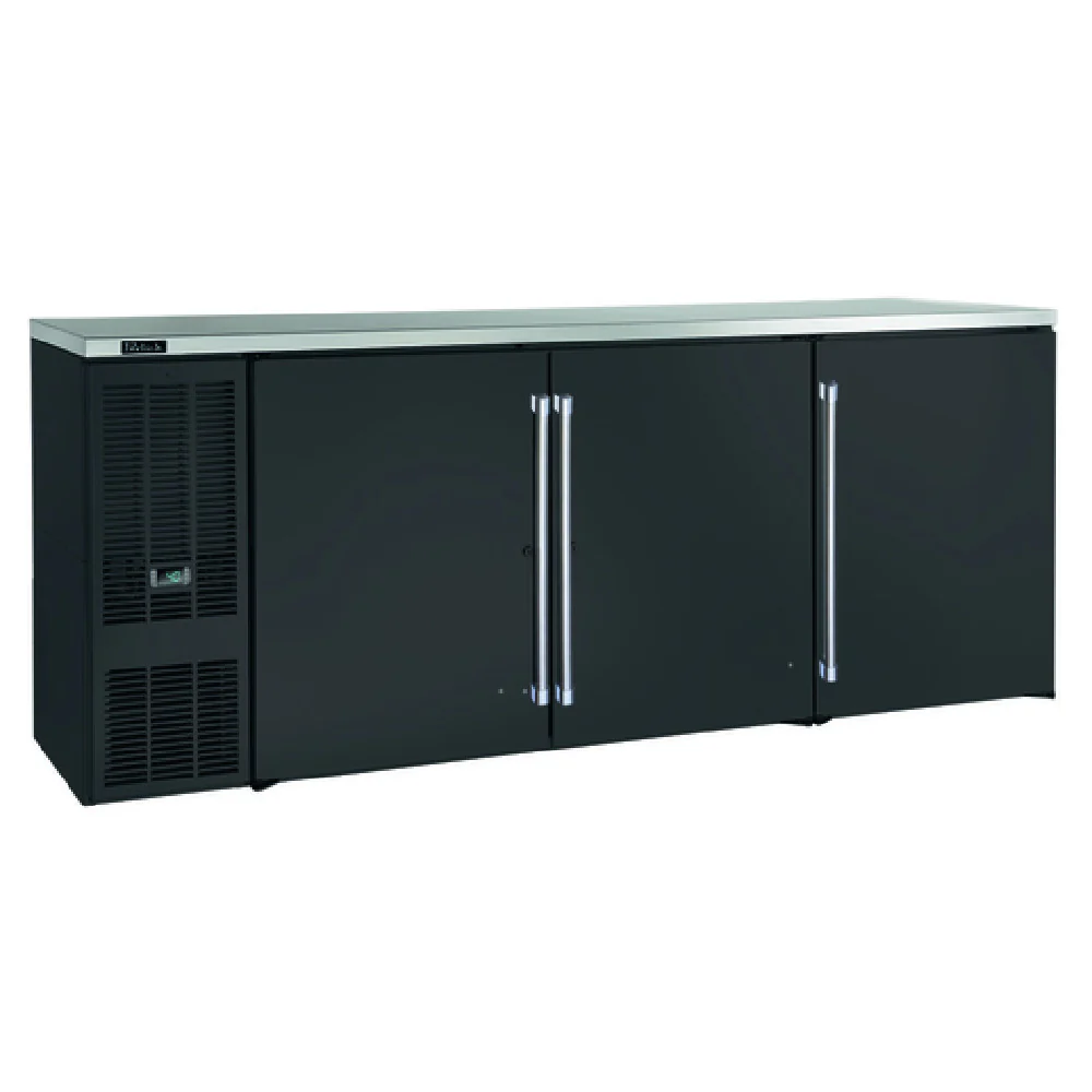 Perlick BBS84-BS-L-STK 84 Inch Refrigerated Back Bar Cabinet 24.8 cu.ft. 3 Sections Stainless Steel Interior Black Vinyl
