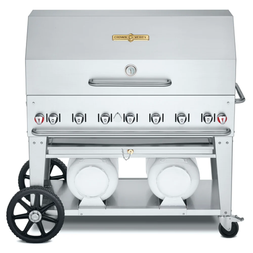Crown Verity CV-CCB-48RDP 56 Inch Gas Charbroiler Stainless Steel 7 Burners 99000 BTU with 2 Propane Cylinders Crown Verity CV-CCB-48RDP 56 Inch Gas Charbroiler Stainless Steel 7 Burners 99000 BTU with 2 Propane Cylinders