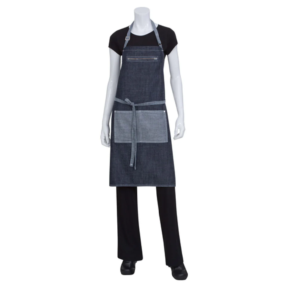 Chef Works AB034IBL0 30 Inch Blue Bib Apron with Reversible Ties and Pockets