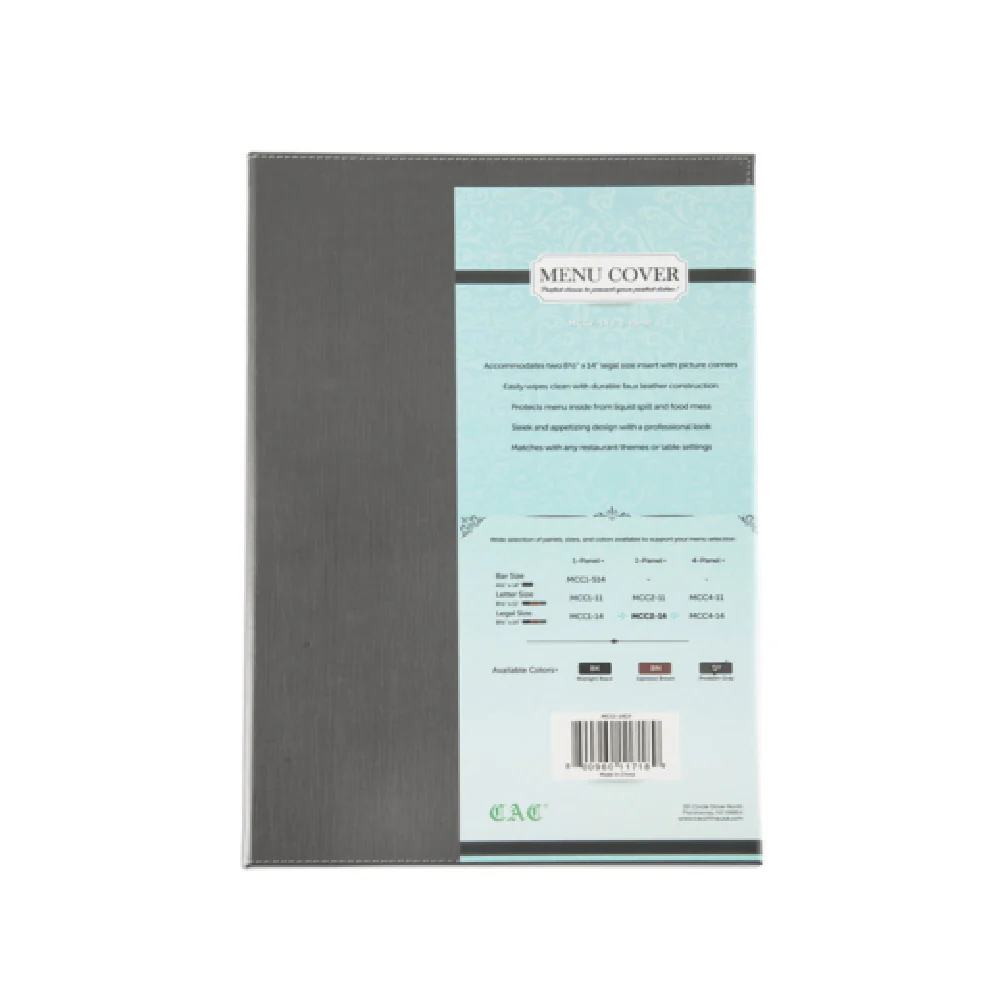 CAC China MCC2-14GY 8-1/2 Inch Legal Size Menu Cover Faux Leather Gray