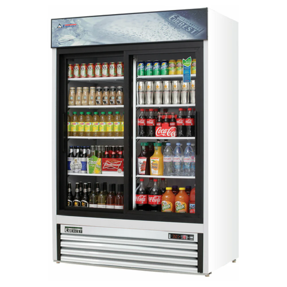 Everest Refrigeration EMGR48 53 Inch Reach-In Glass Door Merchandiser Refrigerator Two-section White Coated Steel Everest Refrigeration EMGR48 53 Inch Reach-In Glass Door Merchandiser Refrigerator Two-section White Coated Steel