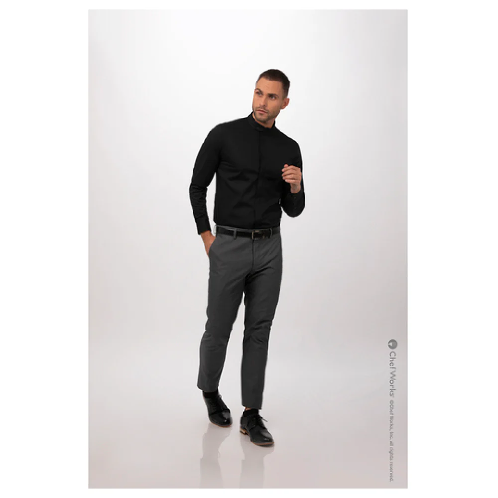 Chef Works SFB01-BLK-2XL Dress Shirt 2XL Long Sleeve Black Banded Collar Poly Cotton