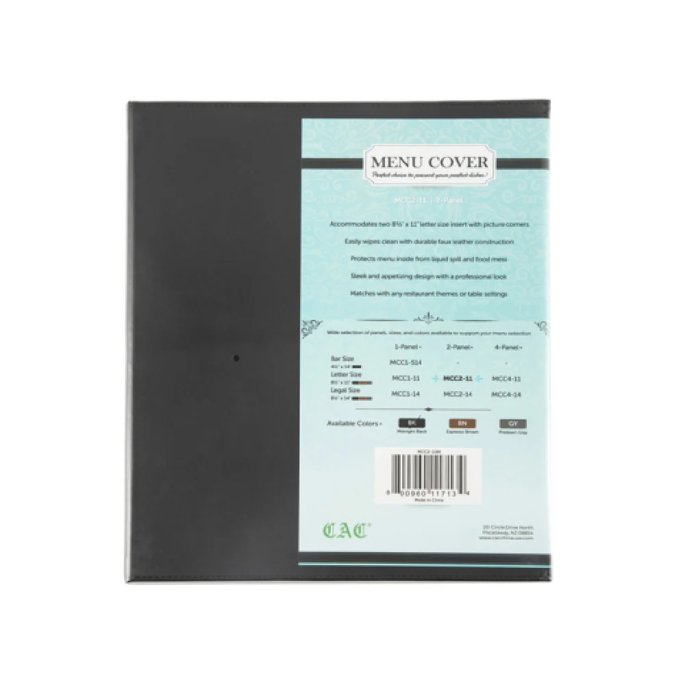 CAC China MCC2-11BK 8-1/2 Inch x 11 Inch Faux Leather Menu Cover Black