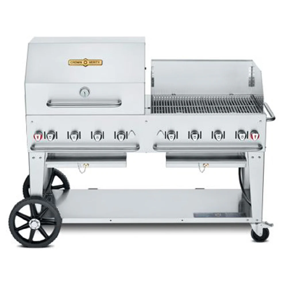 Crown Verity CV-MCB-60-SI50/100-RWP 69 Inch Mobile Outdoor Charbroiler Gas 8 Burners with Wind Guard