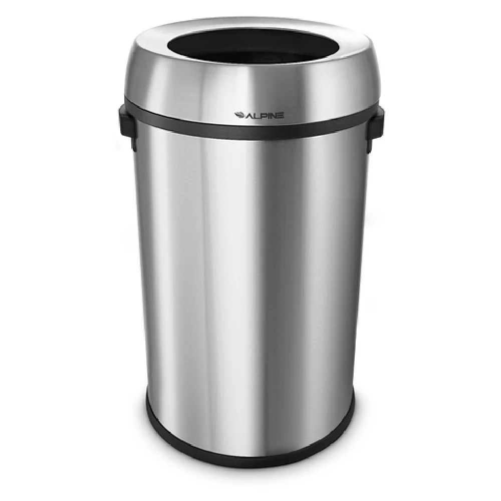 Alpine Industries ALP470-65L 16-1/2 Inch Open Top Trash Can Stainless Steel Silver with Side Handles Alpine Industries ALP470-65L 16-1/2 Inch Open Top Trash Can Stainless Steel Silver with Side Handles