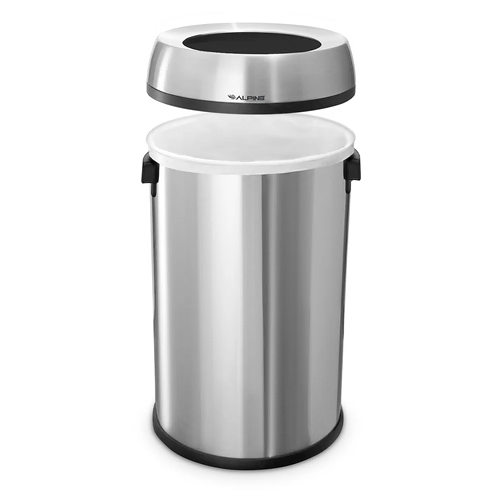 Alpine Industries ALP470-65L 16-1/2 Inch Open Top Trash Can Stainless Steel Silver with Side Handles Alpine Industries ALP470-65L 16-1/2 Inch Open Top Trash Can Stainless Steel Silver with Side Handles