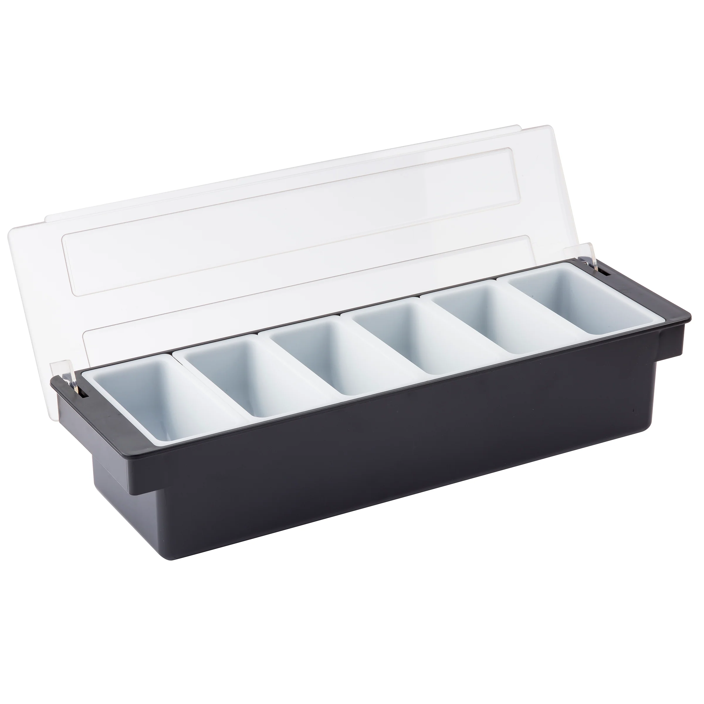 Tablecraft 102 19-1/2 Inch Bar Condiment Holder with 6 White Inserts Plastics Black Tablecraft 102 19-1/2 Inch Bar Condiment Holder with 6 White Inserts Plastics Black