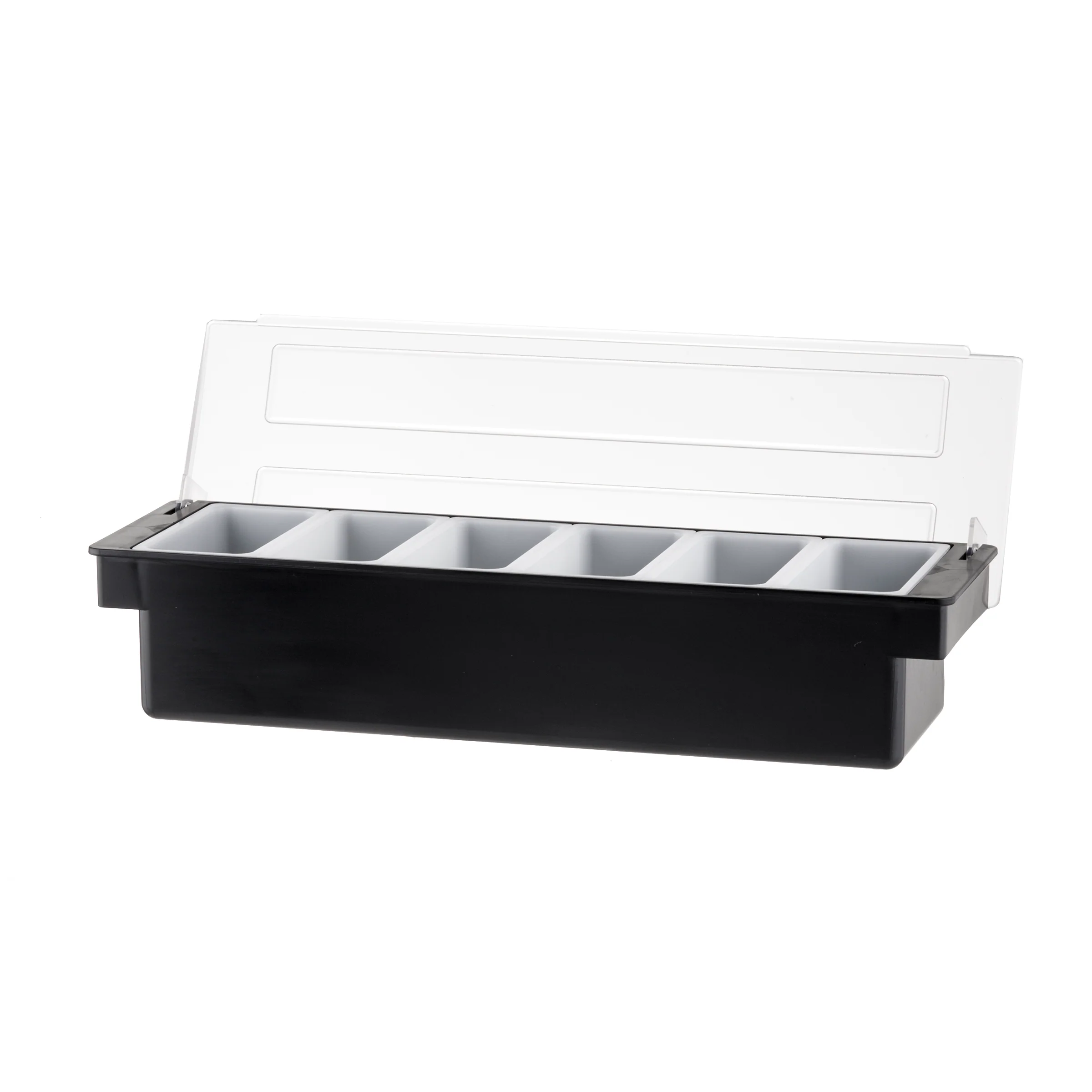 Tablecraft 102 19-1/2 Inch Bar Condiment Holder with 6 White Inserts Plastics Black Tablecraft 102 19-1/2 Inch Bar Condiment Holder with 6 White Inserts Plastics Black