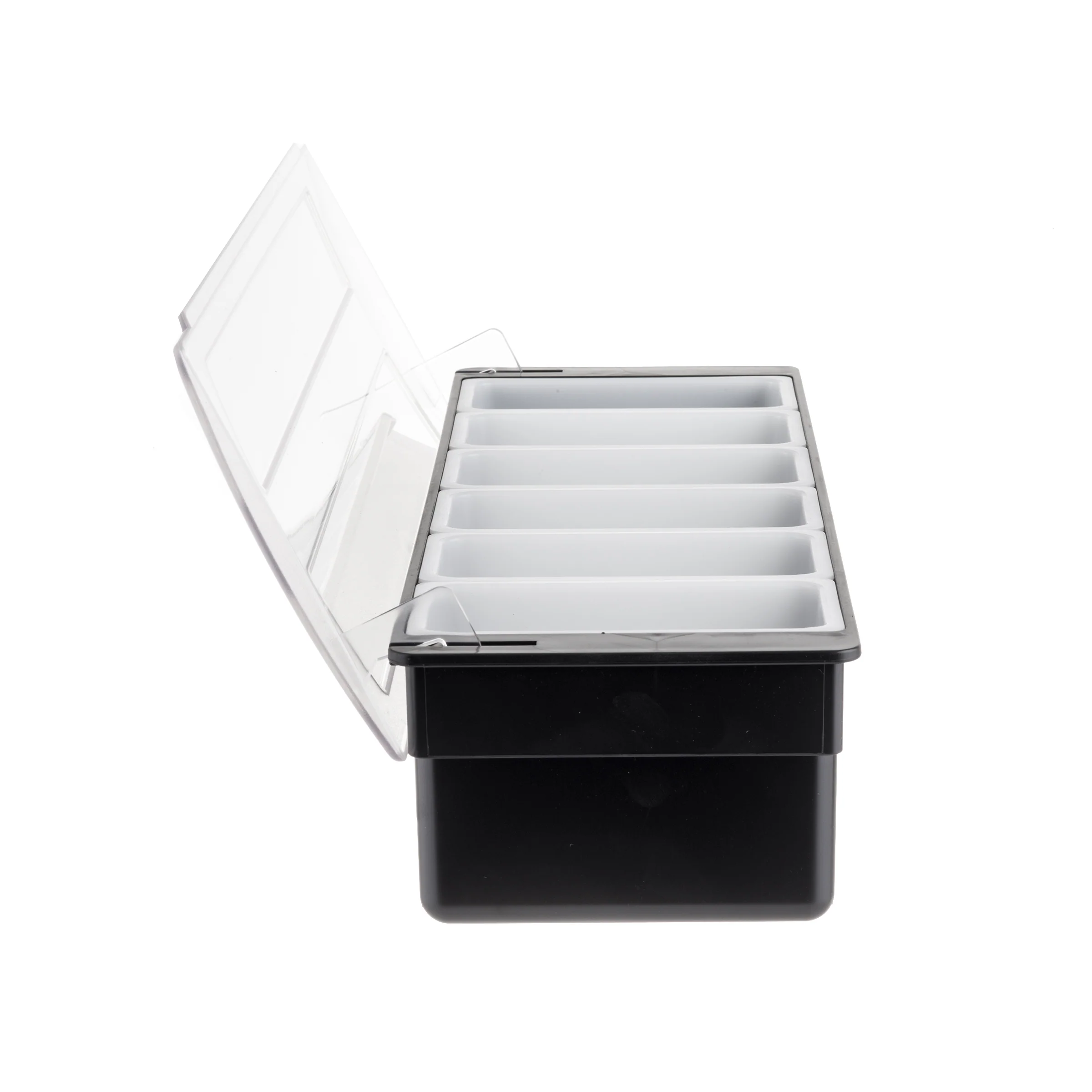 Tablecraft 102 19-1/2 Inch Bar Condiment Holder with 6 White Inserts Plastics Black Tablecraft 102 19-1/2 Inch Bar Condiment Holder with 6 White Inserts Plastics Black