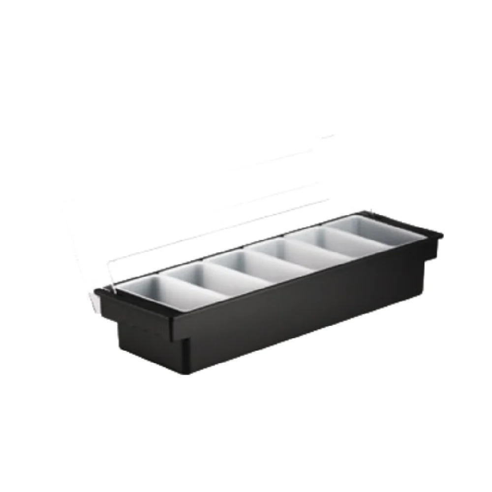 Tablecraft 102 19-1/2 Inch Bar Condiment Holder with 6 White Inserts Plastics Black Tablecraft 102 19-1/2 Inch Bar Condiment Holder with 6 White Inserts Plastics Black