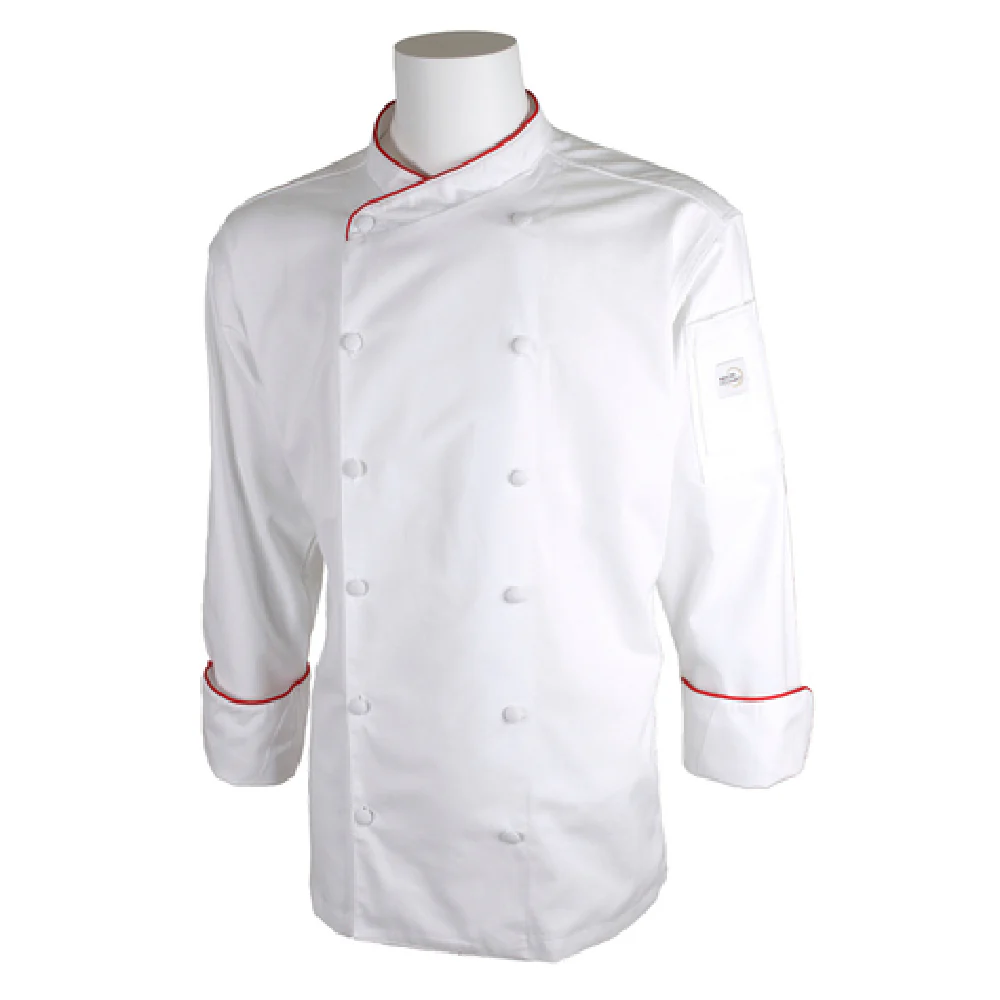 Mercer Culinary M62015WRS Small Men's Chef's Coat with Utility Pocket and Ear Bud Opening White with Red Piping