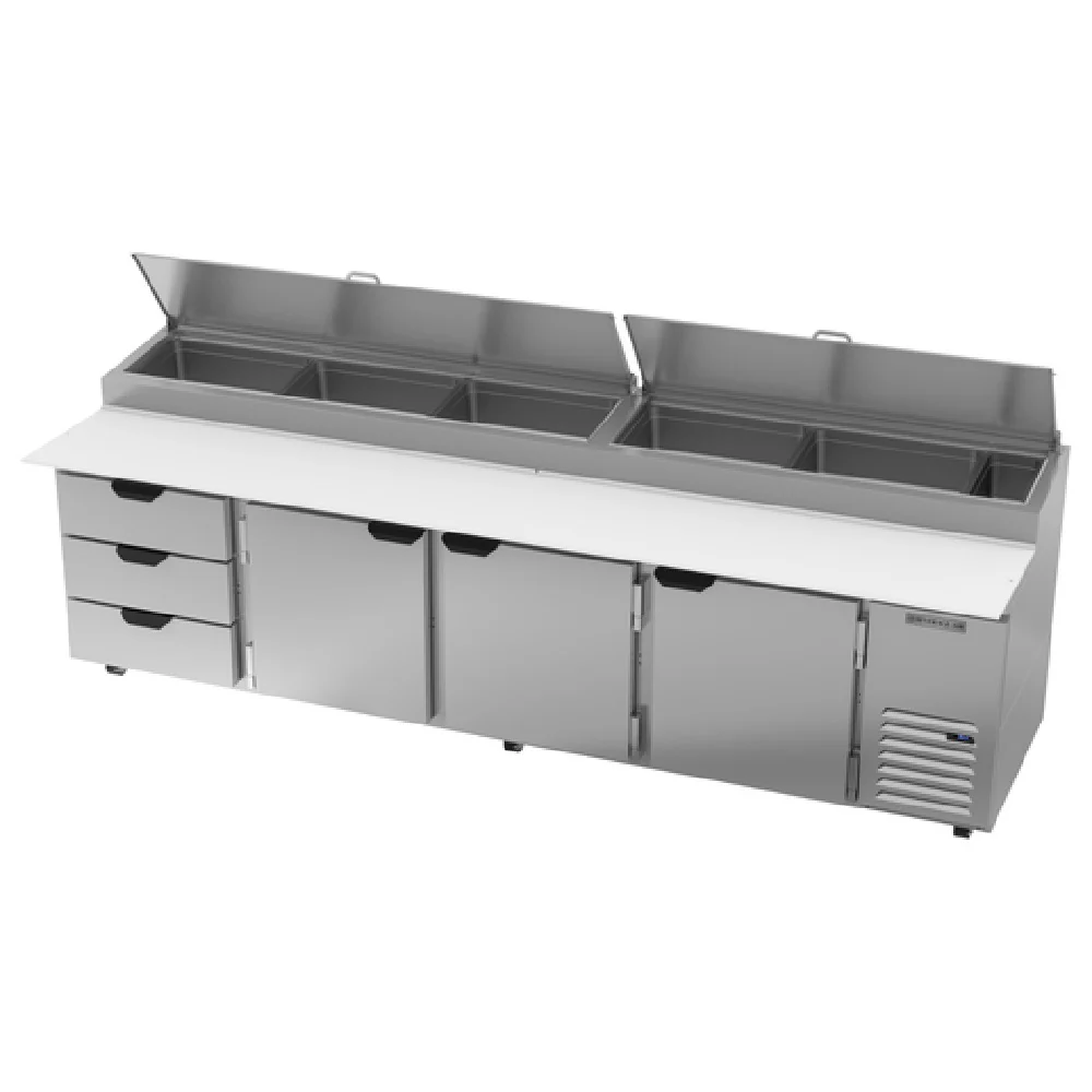 Beverage Air DPD119HC-3 119 Inch Pizza Top Refrigerated Counter 42.2 cu ft and three drawers with doors Beverage Air DPD119HC-3 119 Inch Pizza Top Refrigerated Counter 42.2 cu ft and three drawers with doors