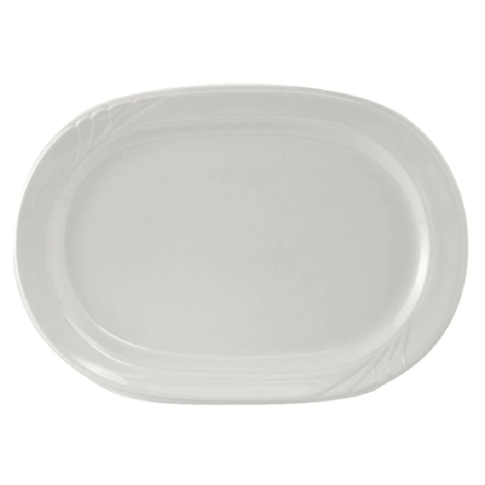 Tuxton YPH-137 13 Inch Oblong Racetrack Platter White Porcelain with Embossed Rim