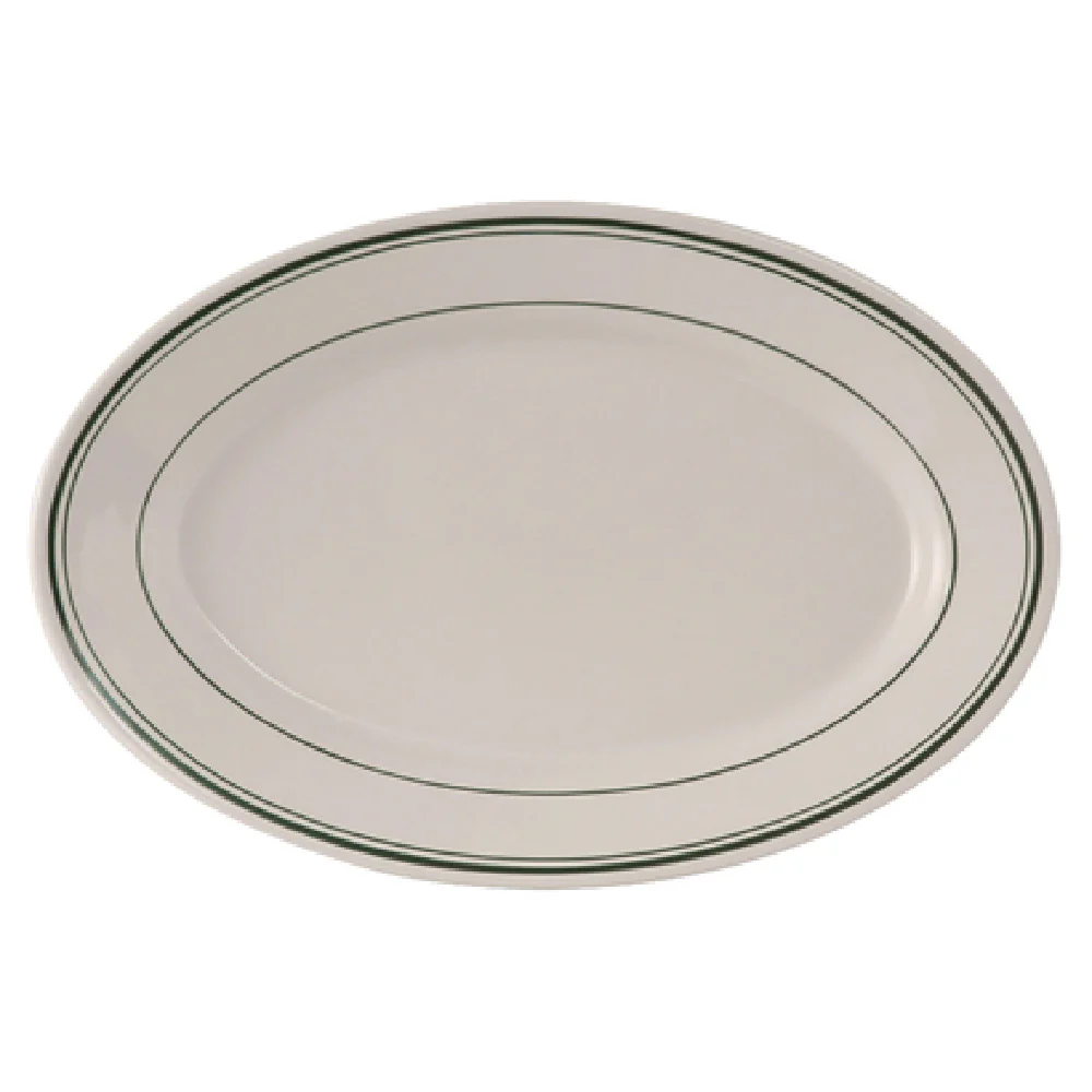 Tuxton TGB-026 8-1/4 Inch Oval Platter Ceramic Rolled Edge Wide Rim Green Band Tuxton TGB-026 8-1/4 Inch Oval Platter Ceramic Rolled Edge Wide Rim Green Band