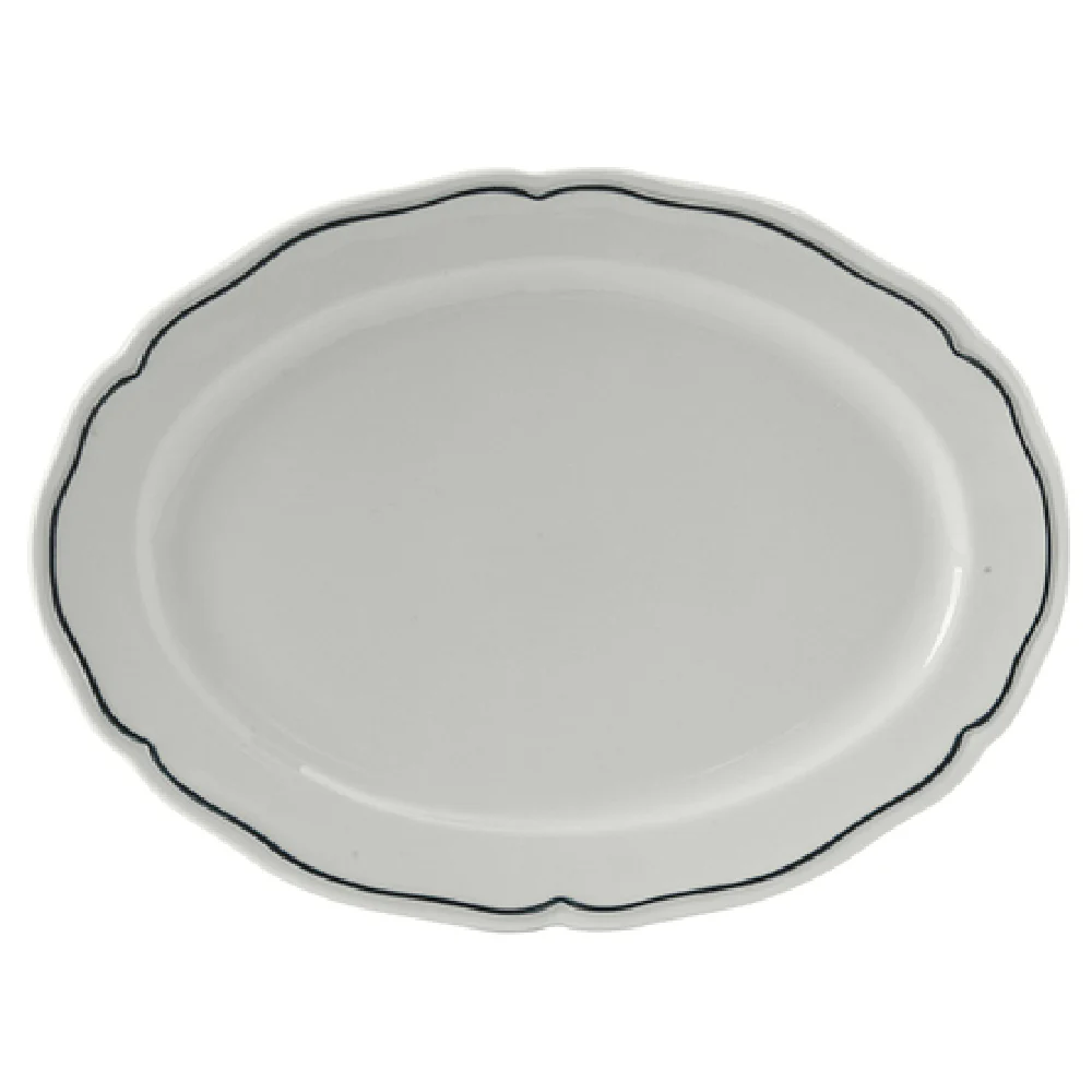 Tuxton SBH-104 10-1/2 Inch Oval Scalloped Platter Porcelain White with Blue Band