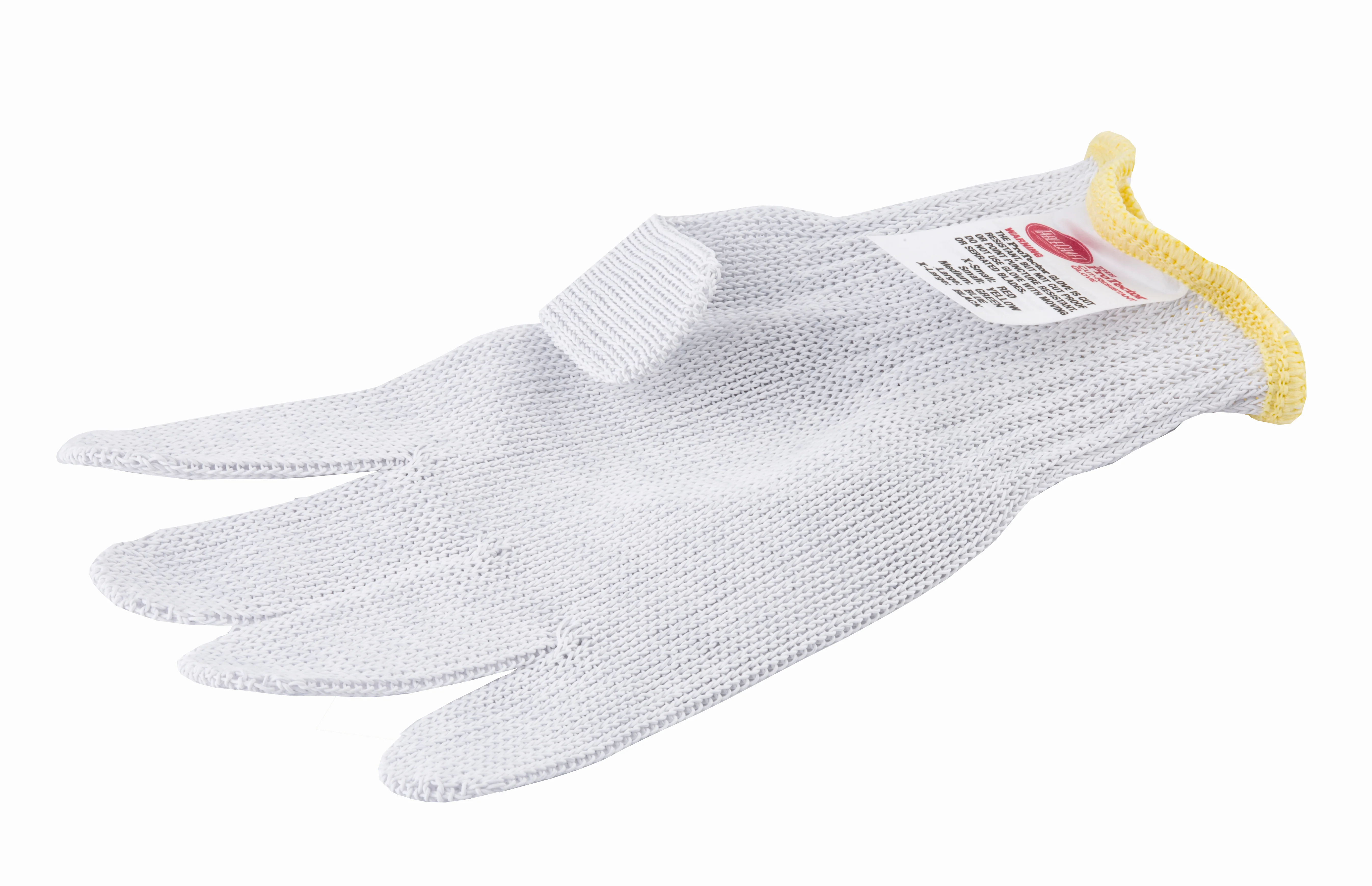Tablecraft GLOVE2 Small Cut Resistant Glove Stainless Steel White with Yellow Wrist Line Tablecraft GLOVE2 Small Cut Resistant Glove Stainless Steel White with Yellow Wrist Line