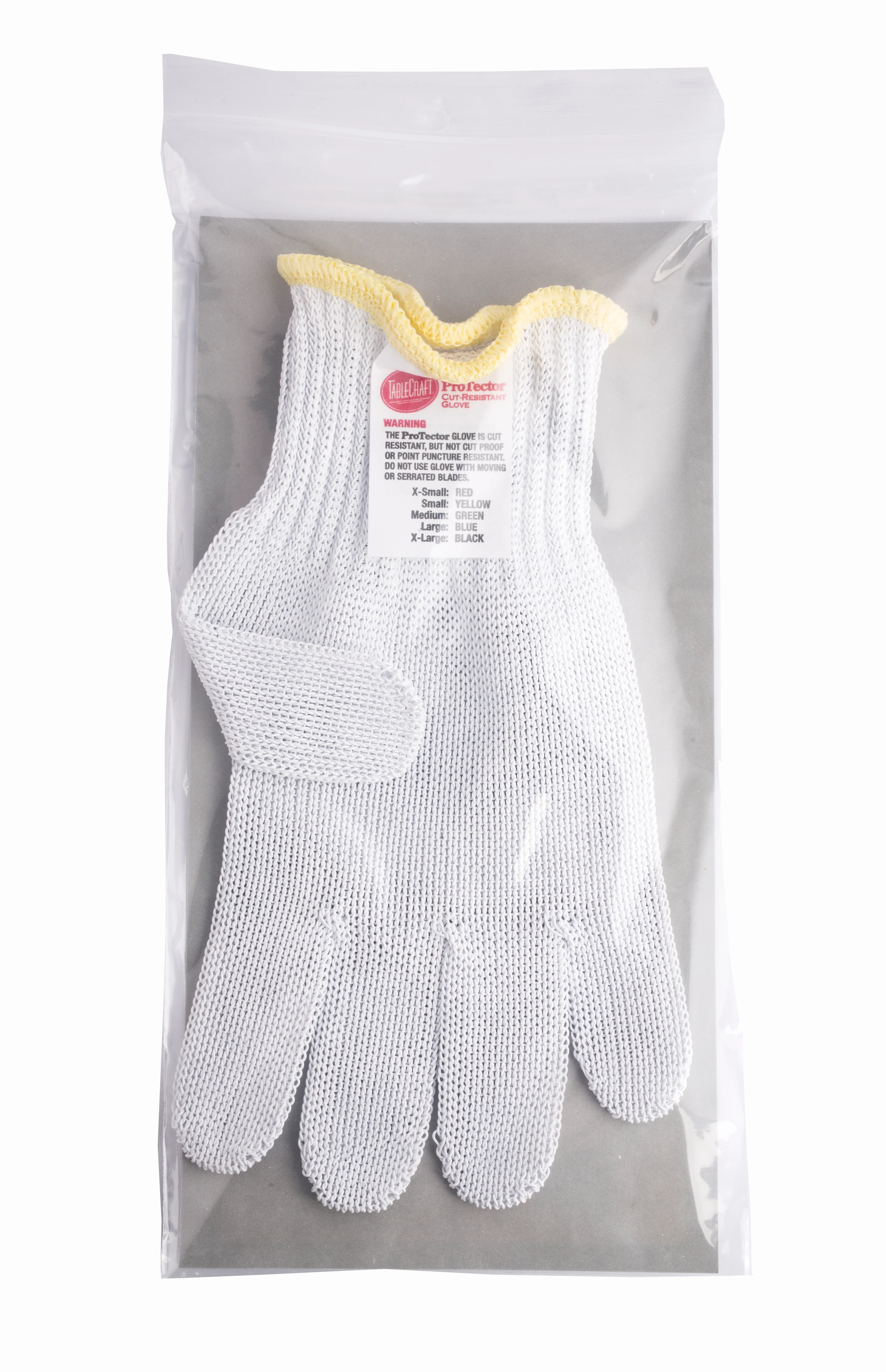 Tablecraft GLOVE2 Small Cut Resistant Glove Stainless Steel White with Yellow Wrist Line Tablecraft GLOVE2 Small Cut Resistant Glove Stainless Steel White with Yellow Wrist Line