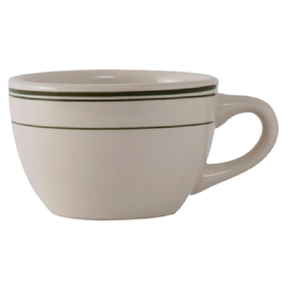 Tuxton TGB-037 7 Oz Cup Eggshell with Green Band Vitrified Ceramic 3-3/4 Inch