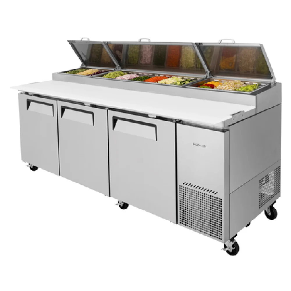 Turbo Air TPR-93SD-N 93 Inch Refrigerated Counter Super Deluxe Pizza Prep Table with Stainless Steel Interior and Exterior